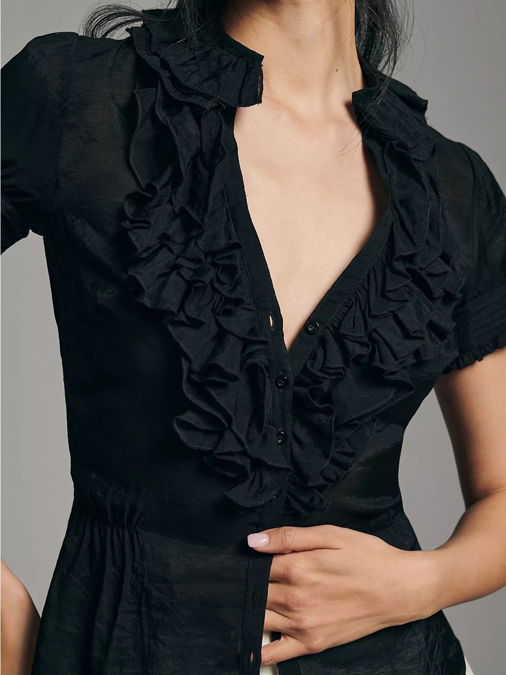 Mare Mare X Anthropologie Collab Ruffled V-Neck Buttondown Blouse Large Ruffle